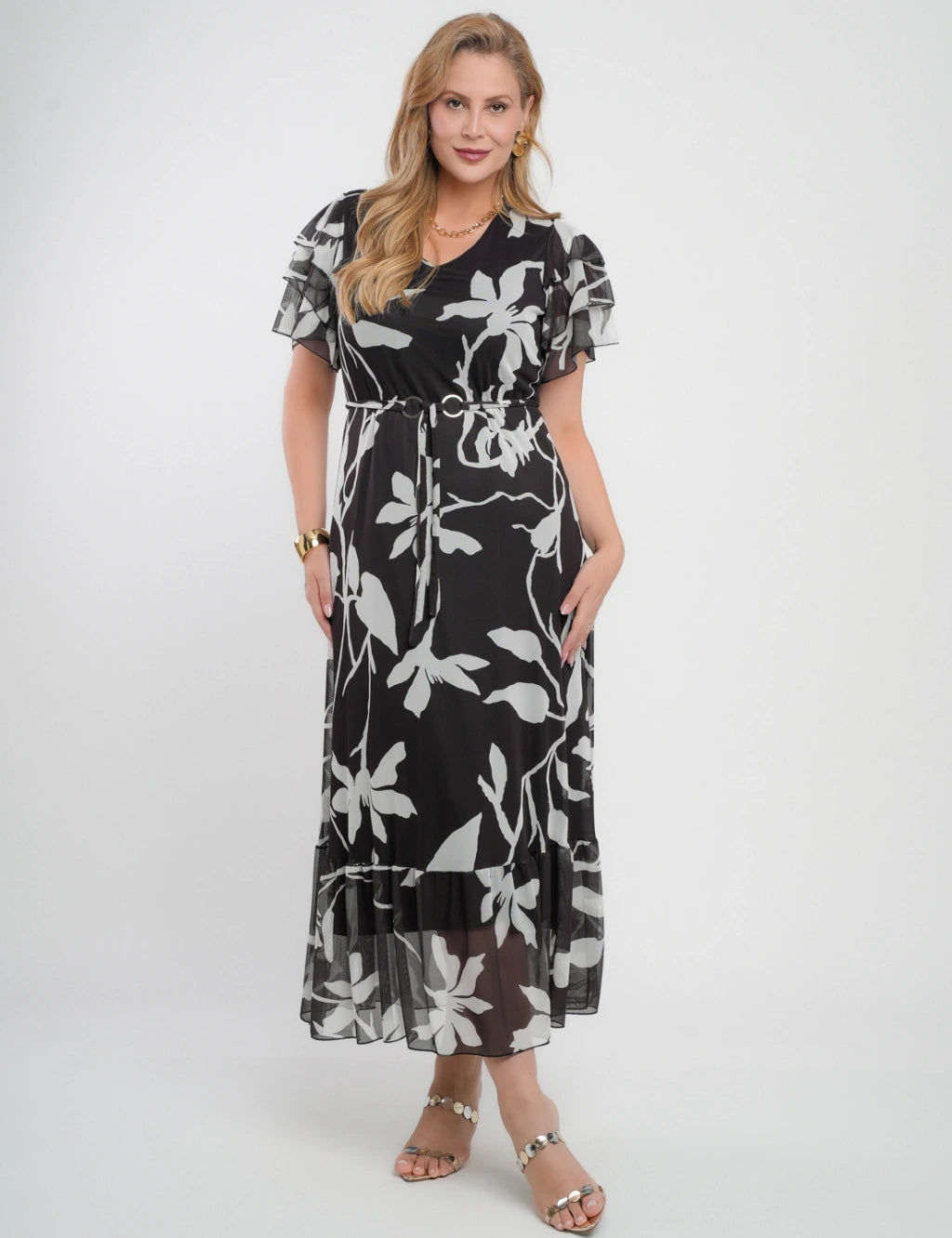Vestido Longo Tule Com Cinto Preto