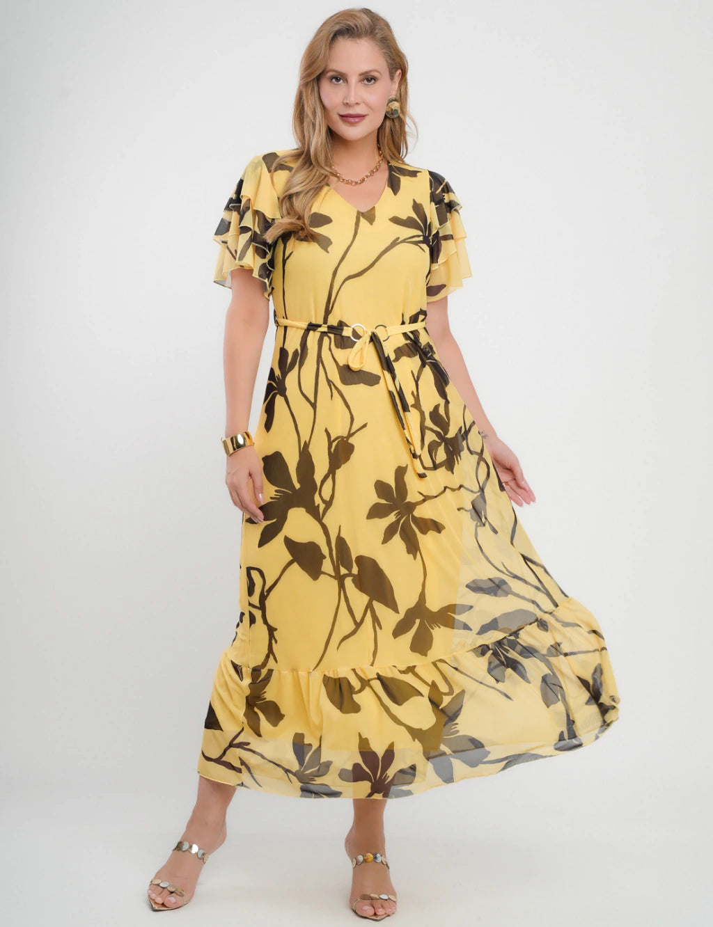 Vestido Longo Tule Com Cinto Amarelo