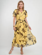 Vestido Longo Tule Com Cinto Amarelo