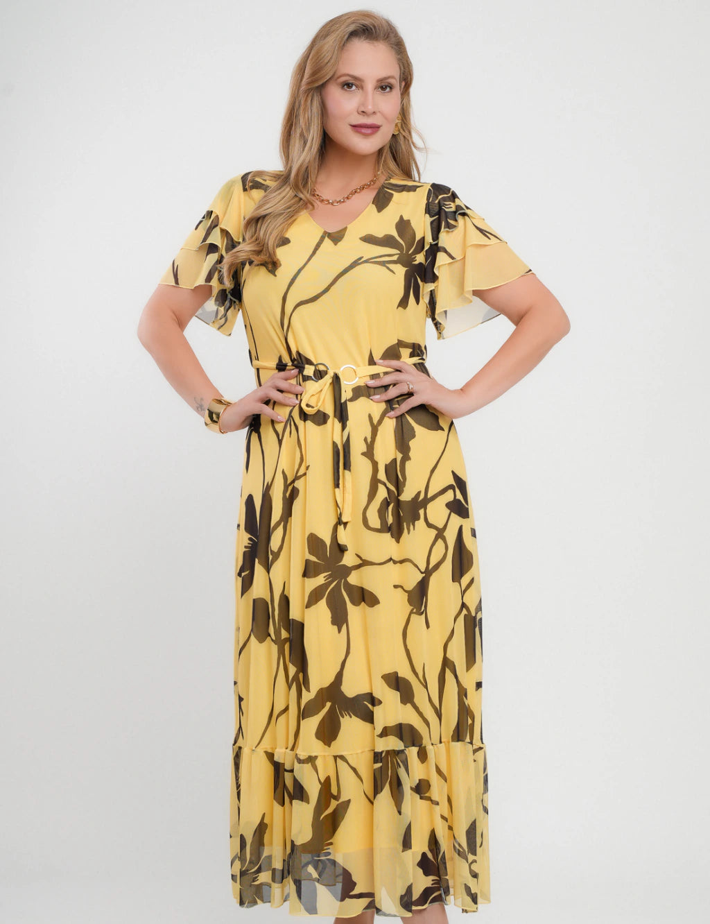 Vestido Longo Tule Com Cinto Amarelo