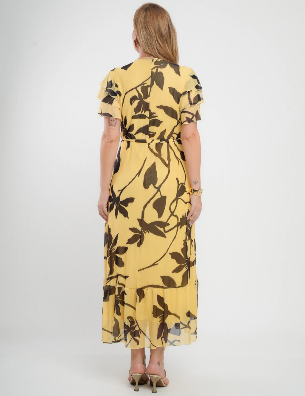 Vestido Longo Tule Com Cinto Amarelo