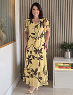 Vestido Longo Tule Com Cinto Amarelo