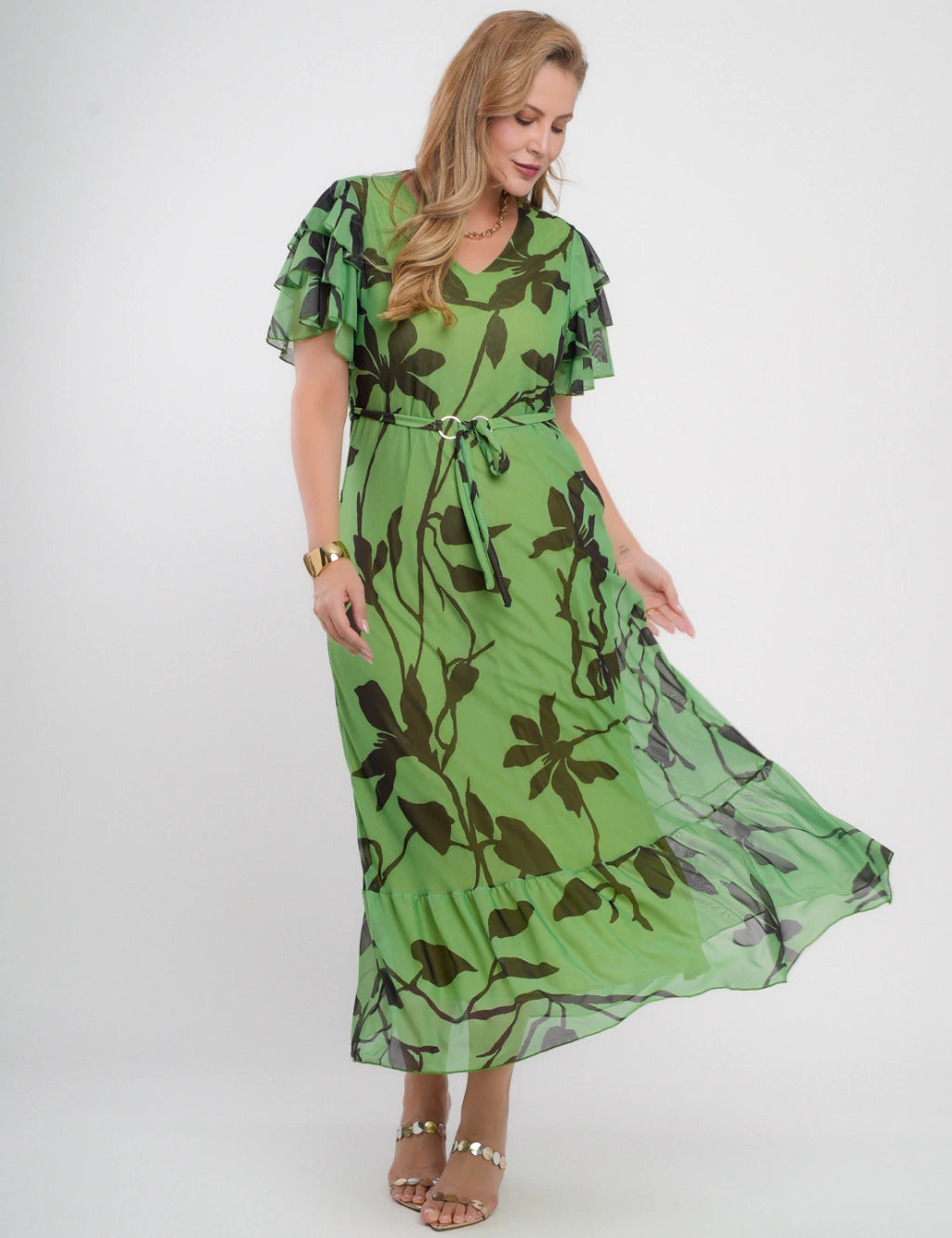 Vestido Longo Tule Com Cinto Verde