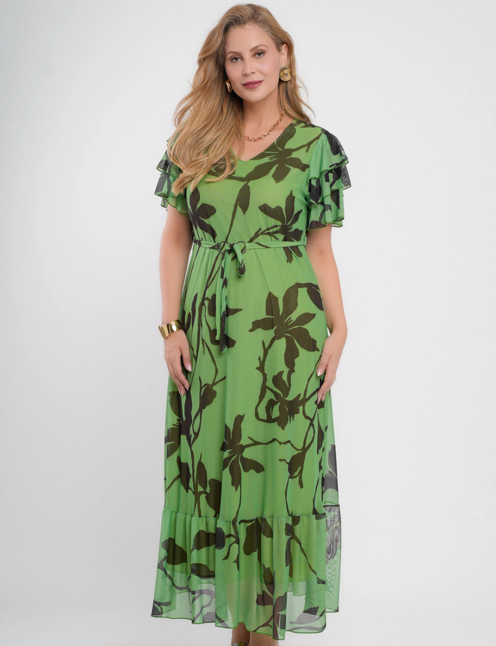 Vestido Longo Tule Com Cinto Verde