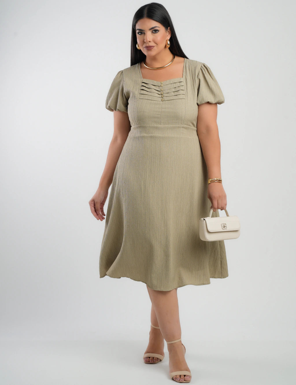Vestido Midi Crepe Decote Com Nervuras Verde