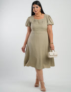 Vestido Midi Crepe Decote Com Nervuras Verde