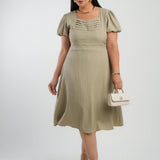 Vestido Midi Crepe Decote Com Nervuras Verde