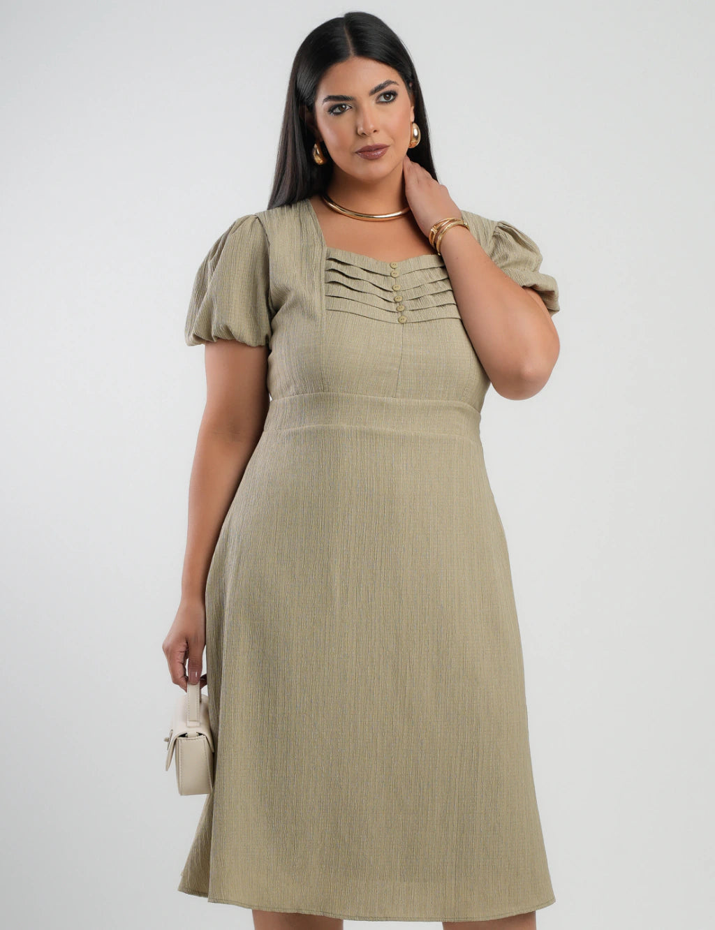Vestido Midi Crepe Decote Com Nervuras Verde
