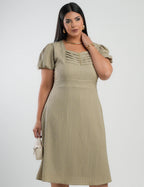 Vestido Midi Crepe Decote Com Nervuras Verde