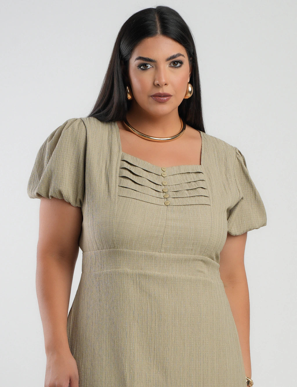 Vestido Midi Crepe Decote Com Nervuras Verde