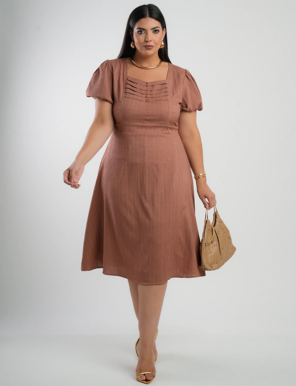 Vestido Midi Crepe Decote Com Nervuras Marrom