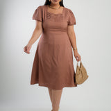 Vestido Midi Crepe Decote Com Nervuras Marrom