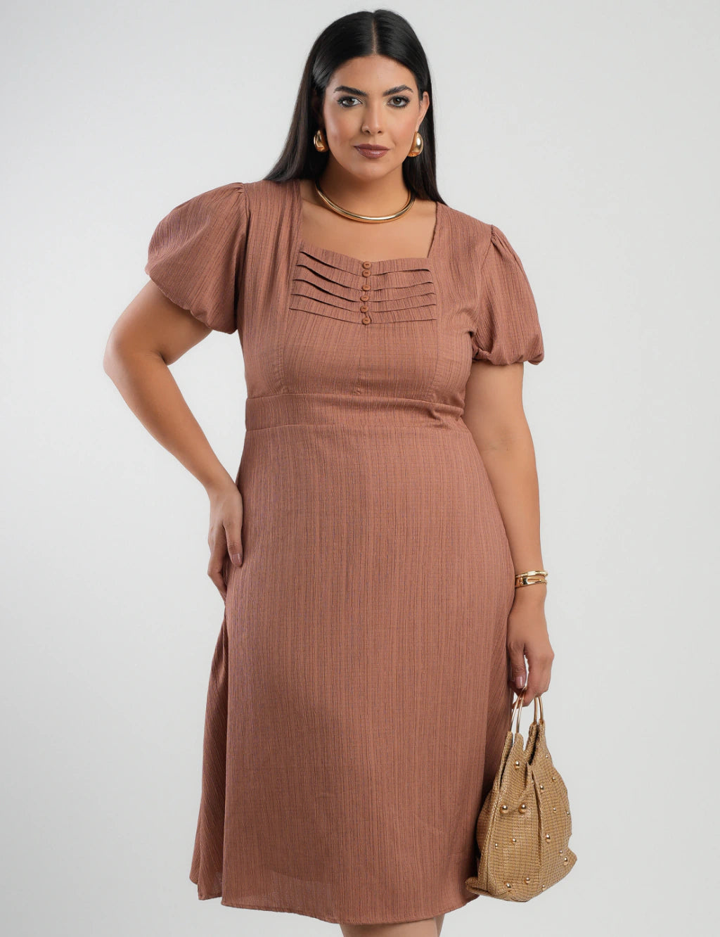 Vestido Midi Crepe Decote Com Nervuras Marrom