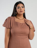 Vestido Midi Crepe Decote Com Nervuras Marrom