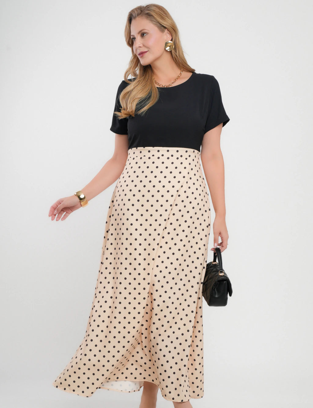 Vestido Longo Saia Poá Bege