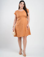 Vestido Curto Bordado Decote Princesa Marrom