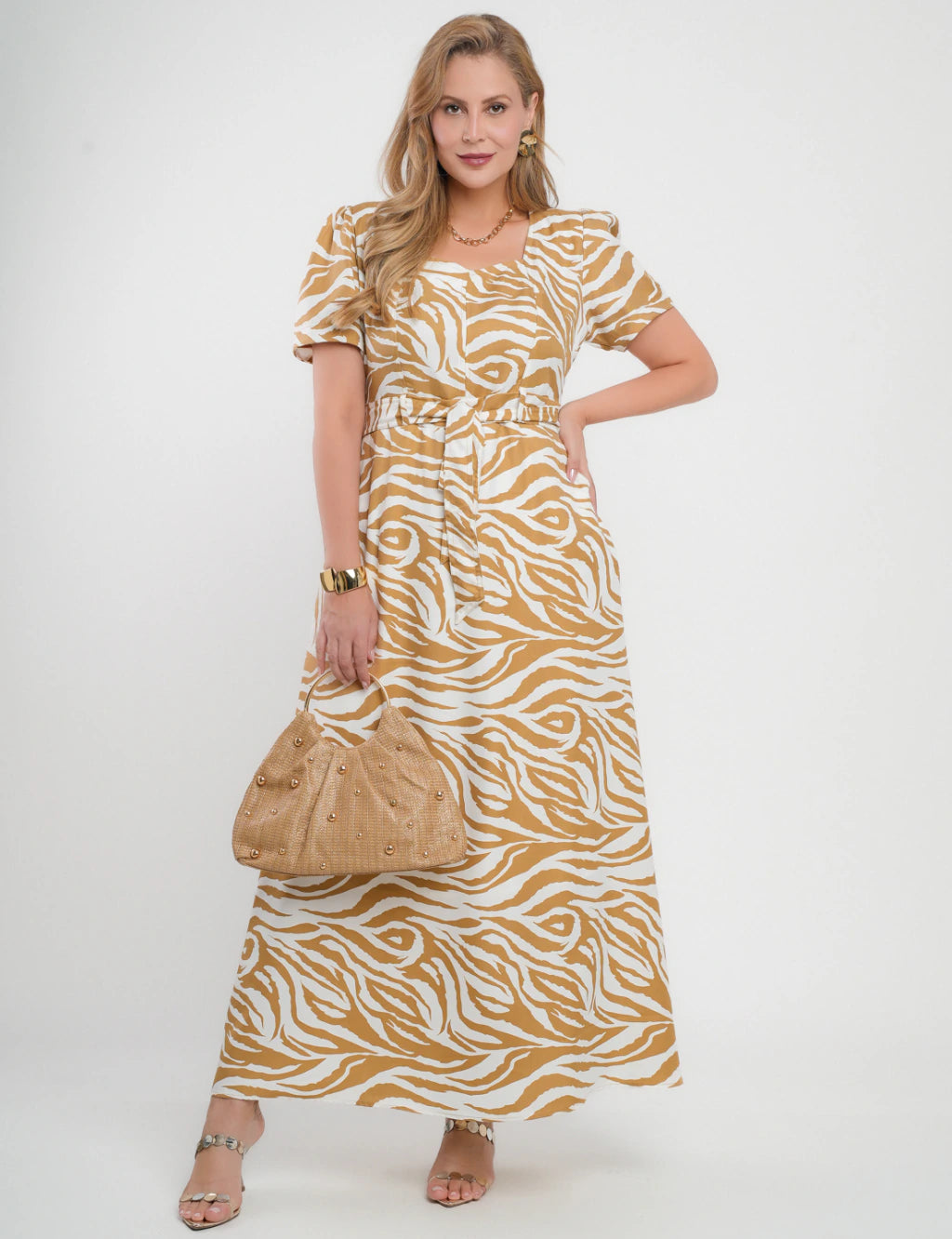 Vestido Longo Alfaiataria Twill Estampa Zebra Marrom