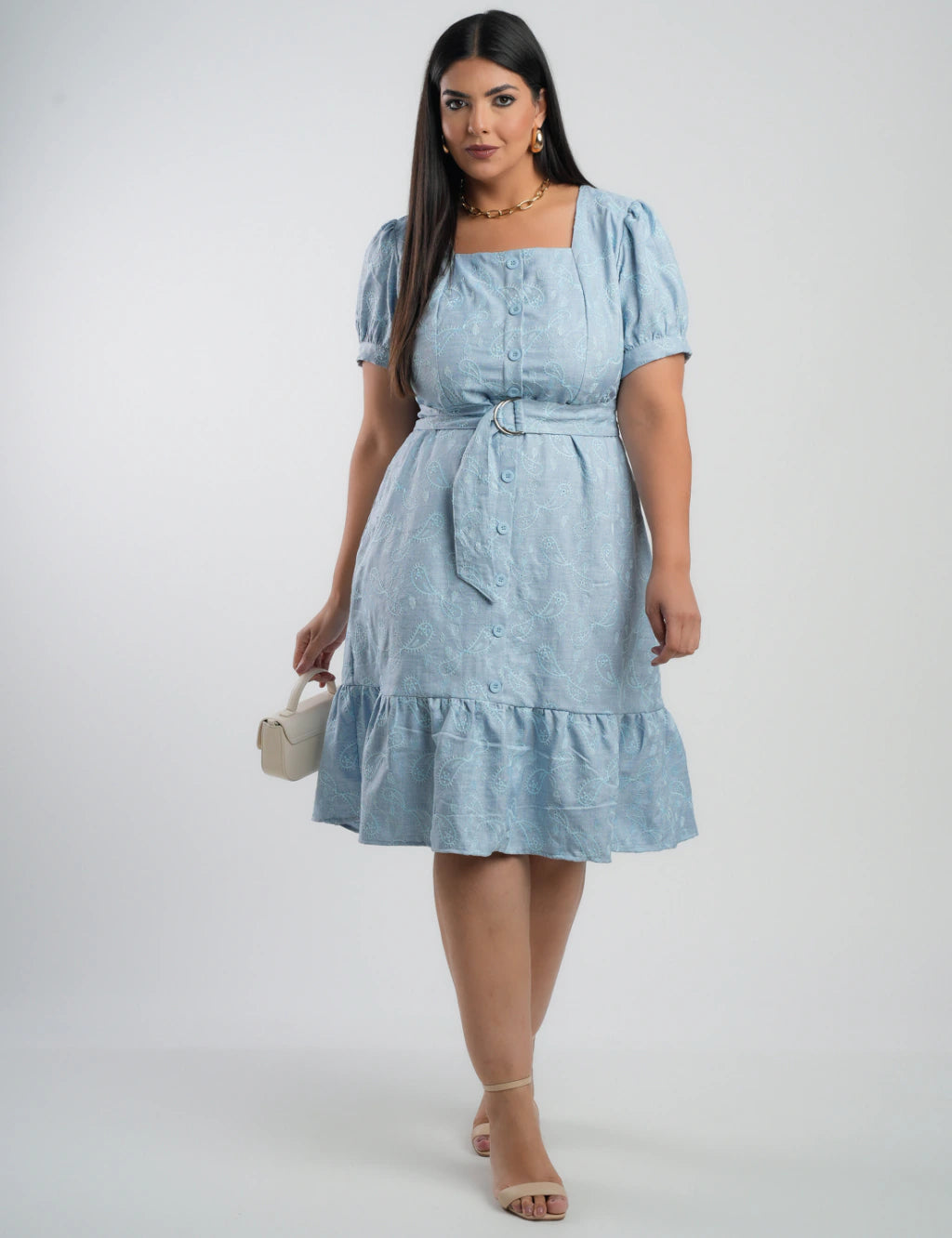 Vestido Midi Linho Poliéster Com Bordado Azul