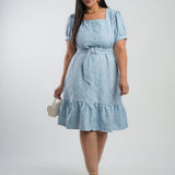 Vestido Midi Linho Poliéster Com Bordado Azul