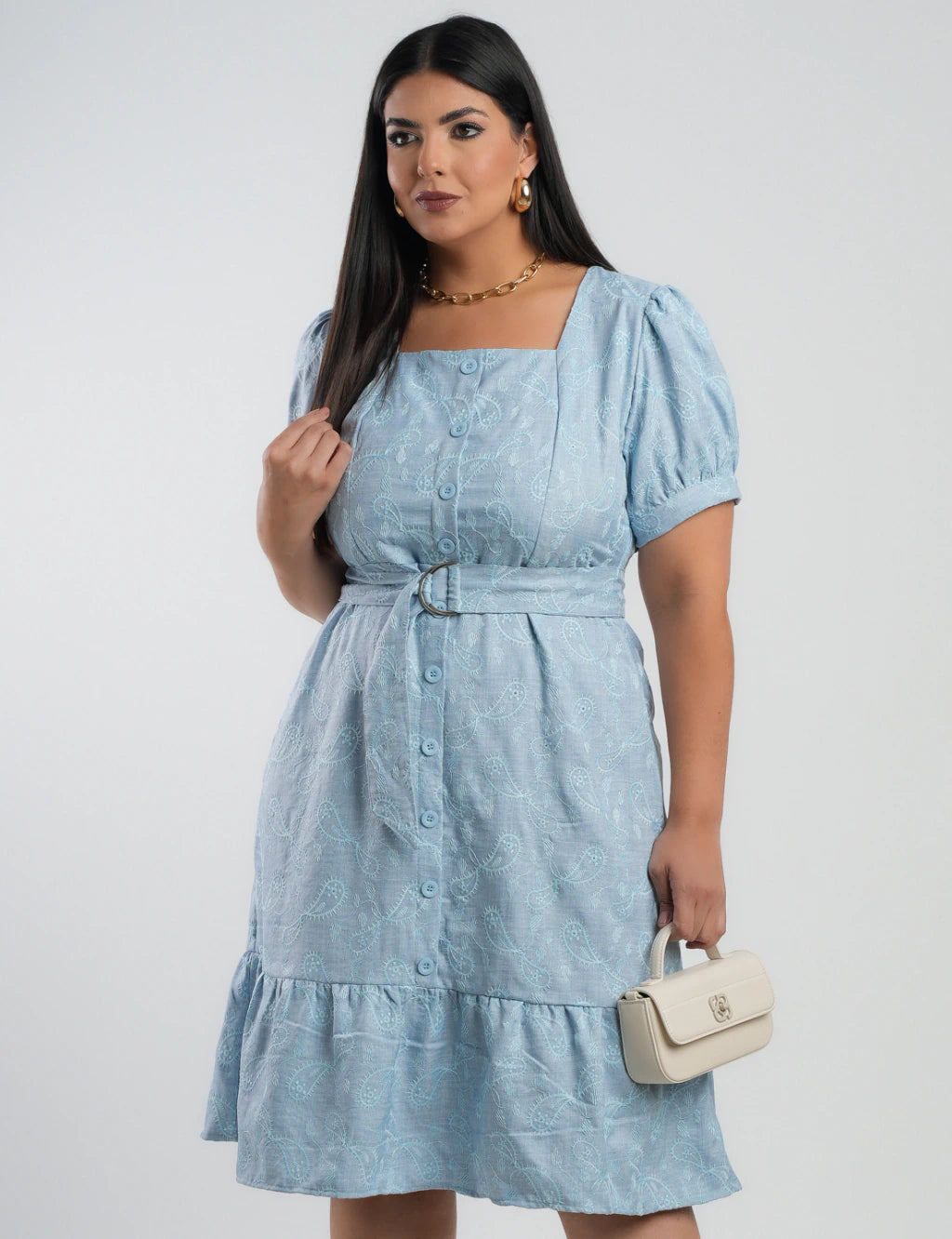 Vestido Midi Linho Poliéster Com Bordado Azul