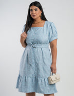 Vestido Midi Linho Poliéster Com Bordado Azul