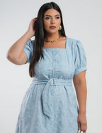 Vestido Midi Linho Poliéster Com Bordado Azul