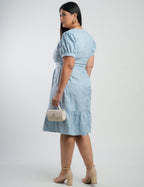 Vestido Midi Linho Poliéster Com Bordado Azul