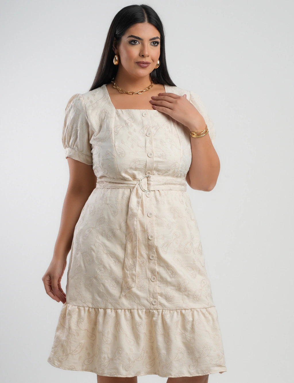 Vestido Midi Linho Poliéster Com Bordado Bege