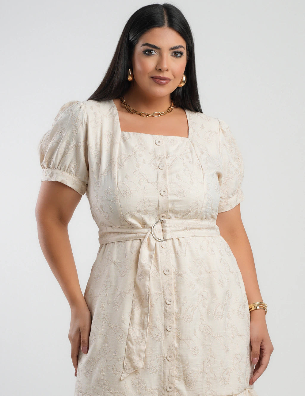 Vestido Midi Linho Poliéster Com Bordado Bege