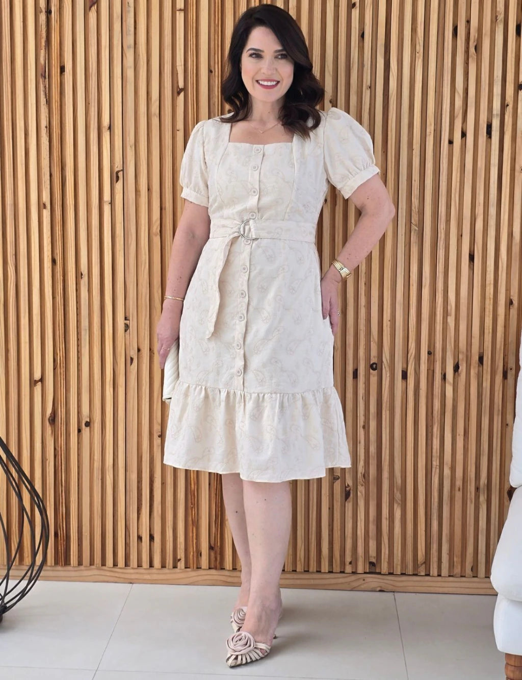 Vestido Midi Linho Poliéster Com Bordado Bege