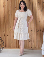 Vestido Midi Linho Poliéster Com Bordado Bege