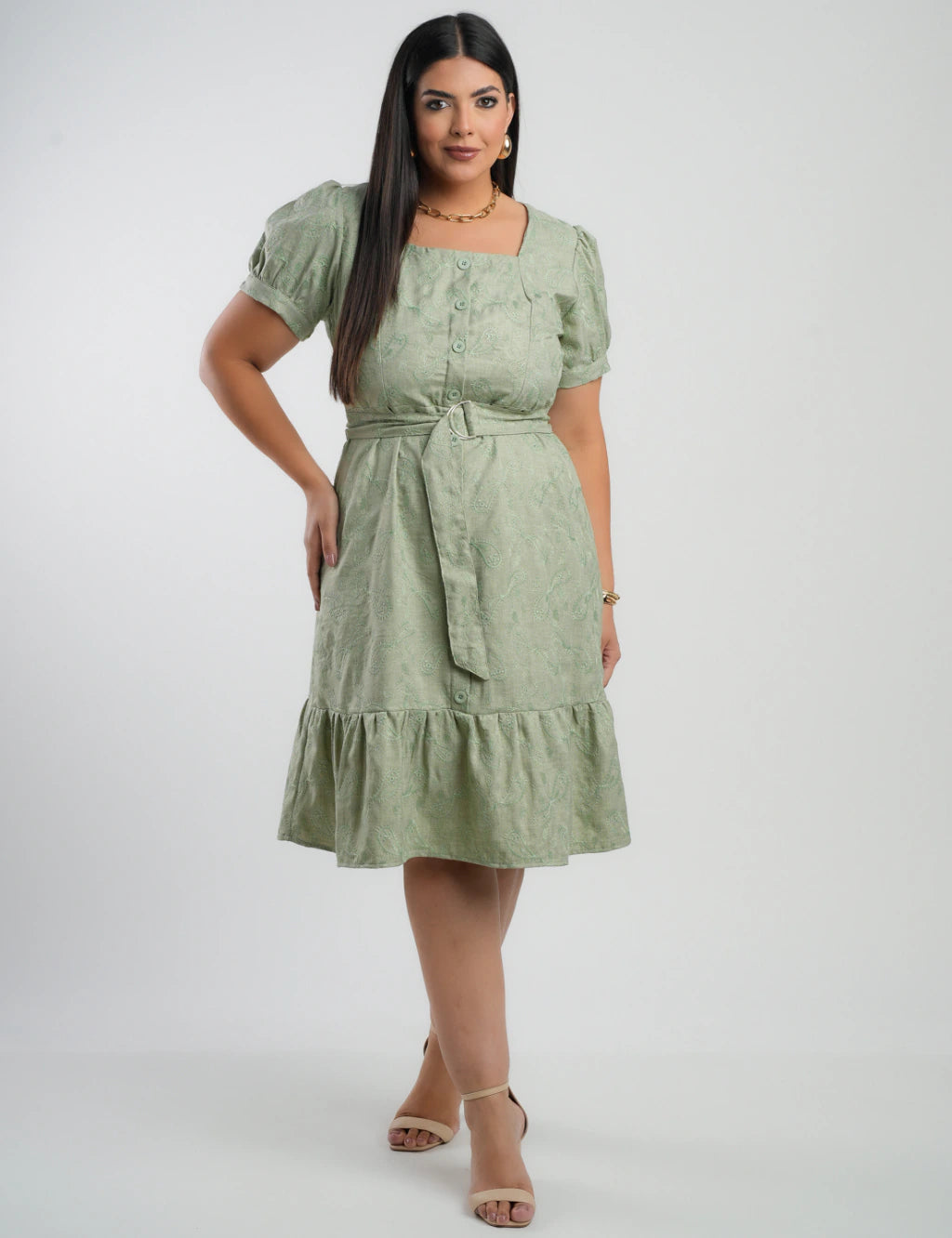 Vestido Midi Linho Poliéster Com Bordado Verde