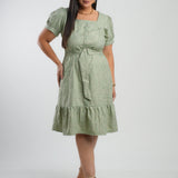 Vestido Midi Linho Poliéster Com Bordado Verde