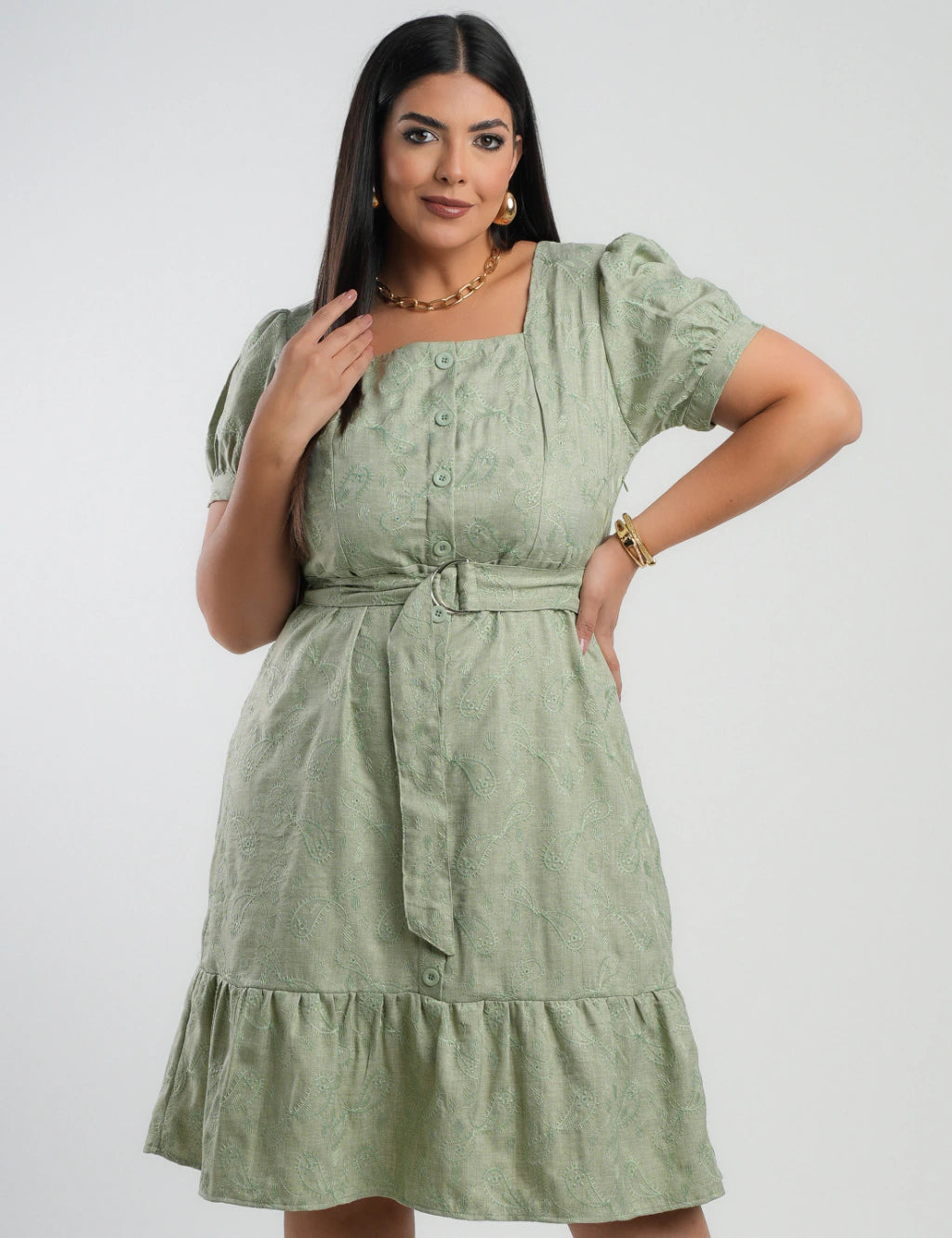 Vestido Midi Linho Poliéster Com Bordado Verde
