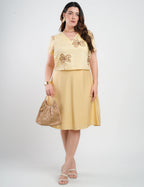 Vestido Midi Crepe Encorpado Blusa Bordado Amarelo