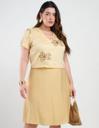 Vestido Midi Crepe Encorpado Blusa Bordado Amarelo