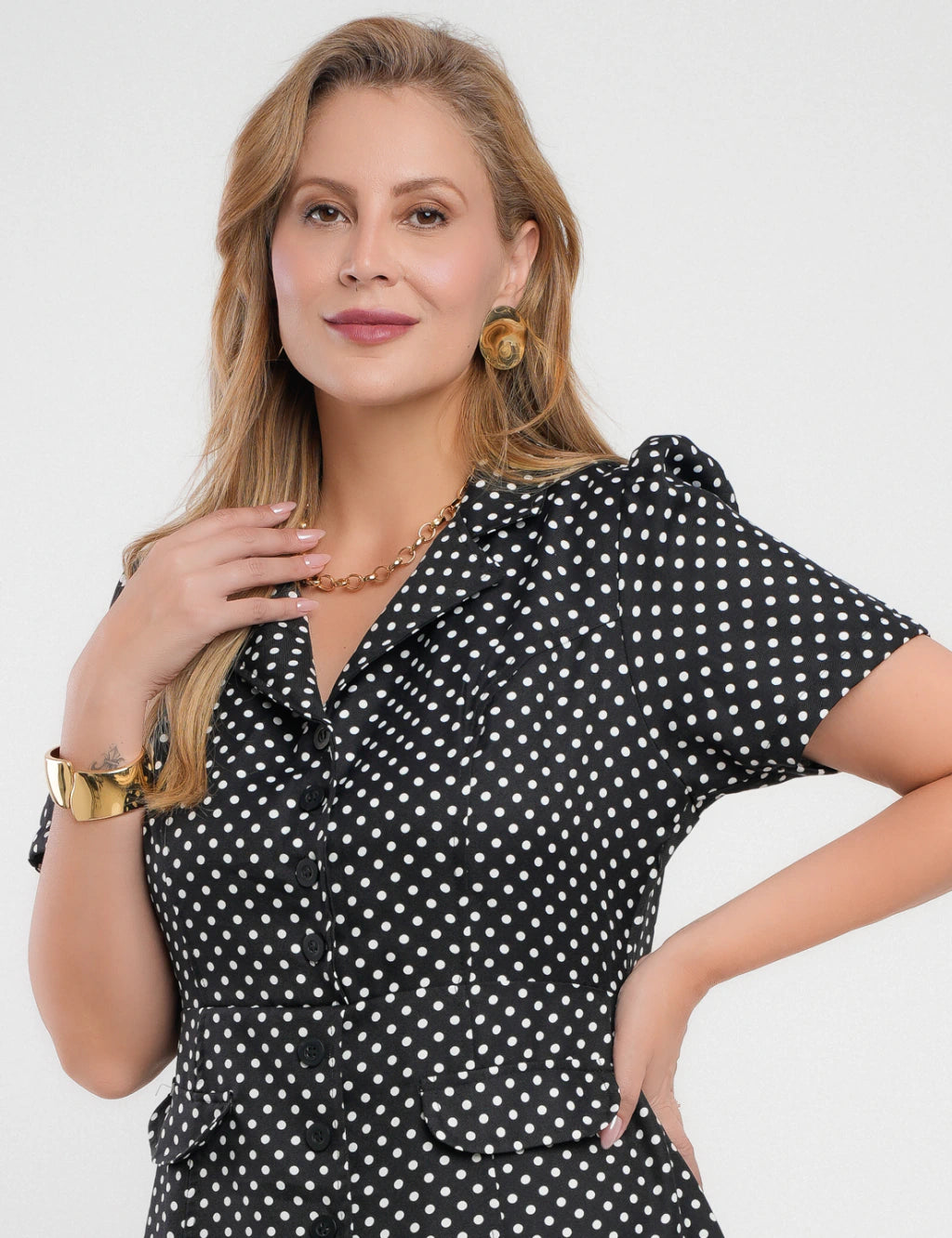Vestido Midi Crepe Twill Com Poá Preto