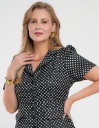 Vestido Midi Crepe Twill Com Poá Preto