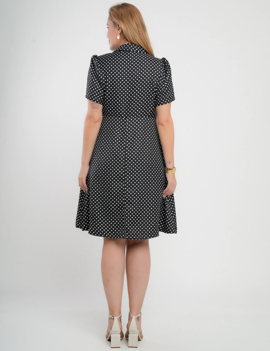 Vestido Midi Crepe Twill Com Poá Preto