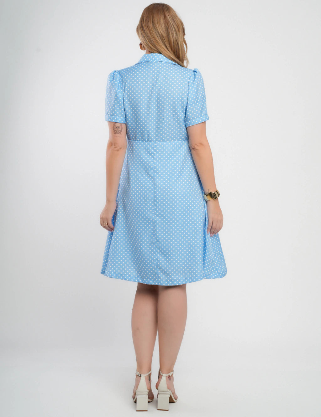 Vestido Midi Crepe Twill Com Poá Azul