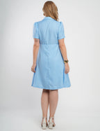Vestido Midi Crepe Twill Com Poá Azul