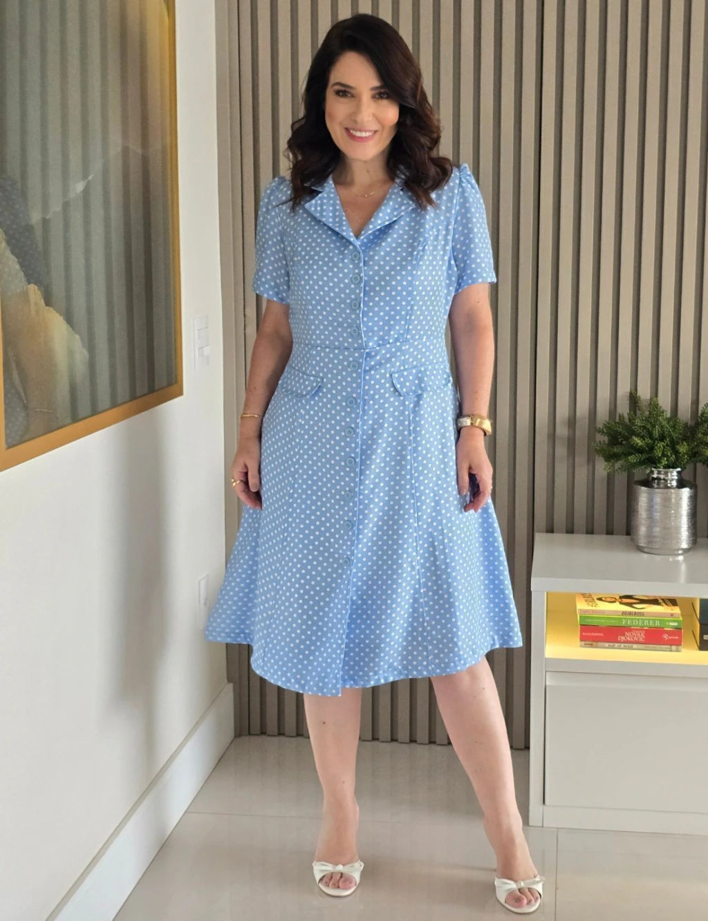 Vestido Midi Crepe Twill Com Poá Azul