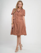 Vestido Midi Crepe Twill Com Poá Marrom