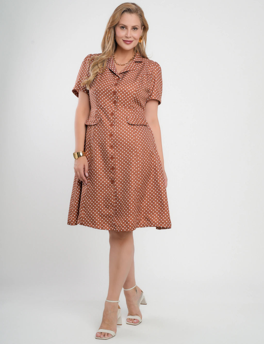 Vestido Midi Crepe Twill Com Poá Marrom