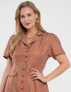 Vestido Midi Crepe Twill Com Poá Marrom