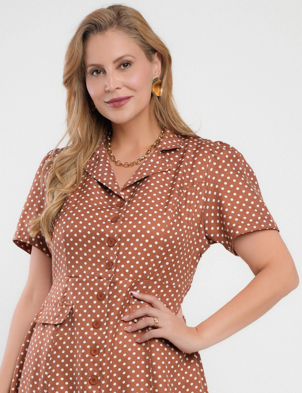Vestido Midi Crepe Twill Com Poá Marrom