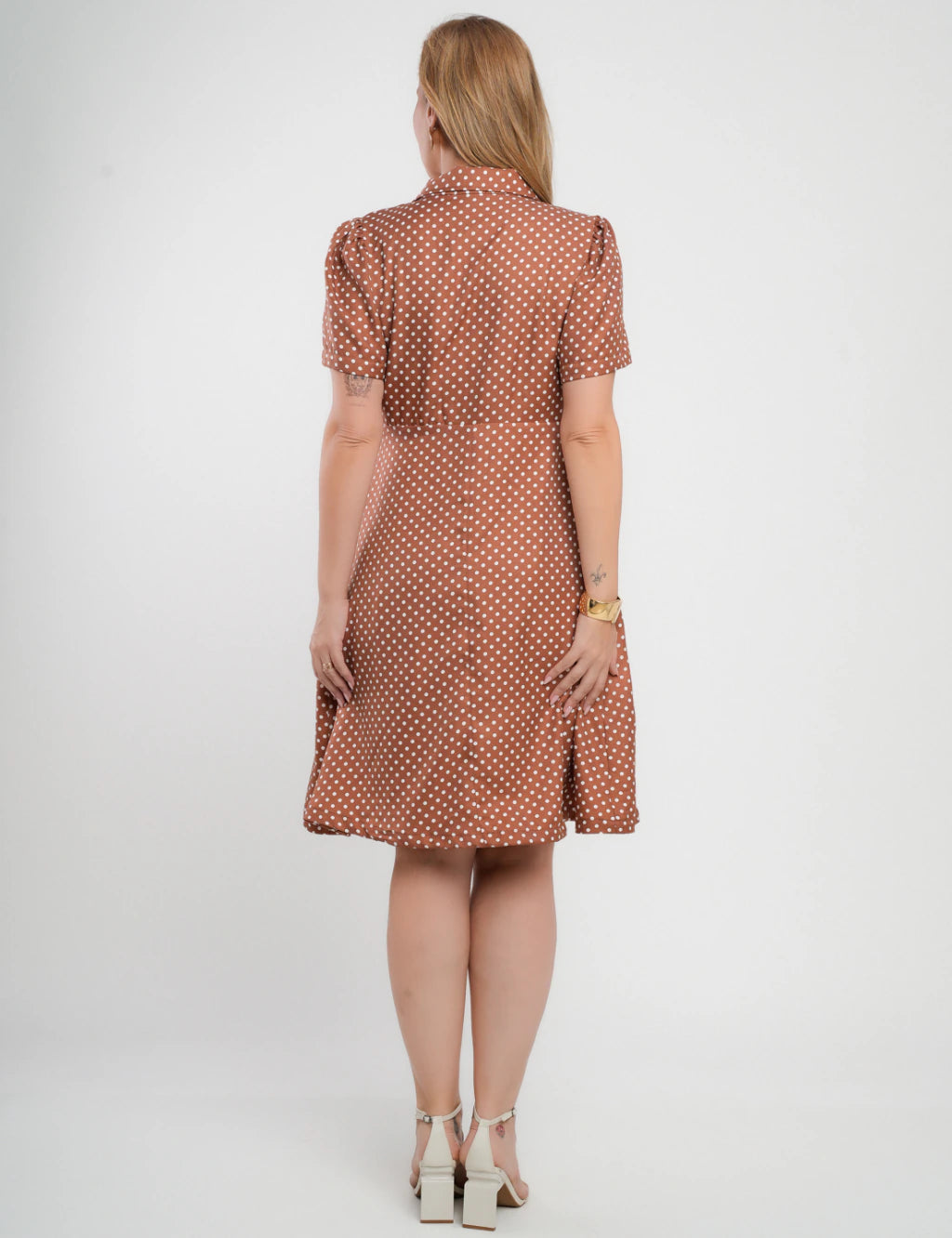 Vestido Midi Crepe Twill Com Poá Marrom