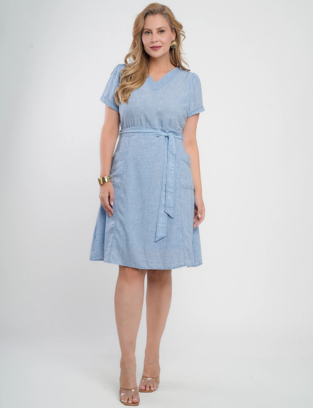 Vestido Midi Limen Com Pesponto Azul