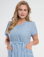 Vestido Midi Limen Com Pesponto Azul