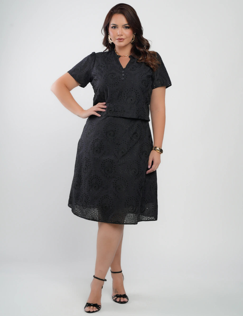 Vestido Midi Lasie Algodão Com Botão Preto